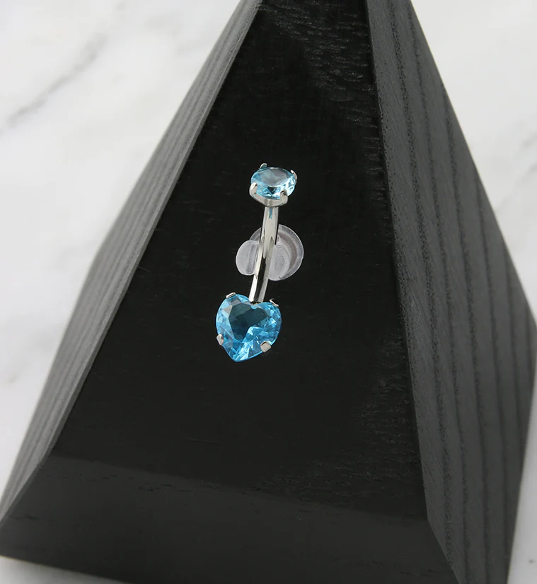 Aqua Heart CZ Internally Threaded Titanium Belly Button Ring - Image 2