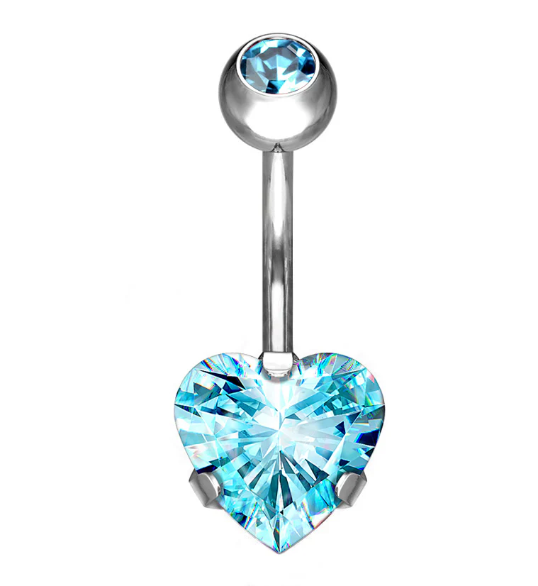 Aqua Heart CZ Titanium Belly Button Ring