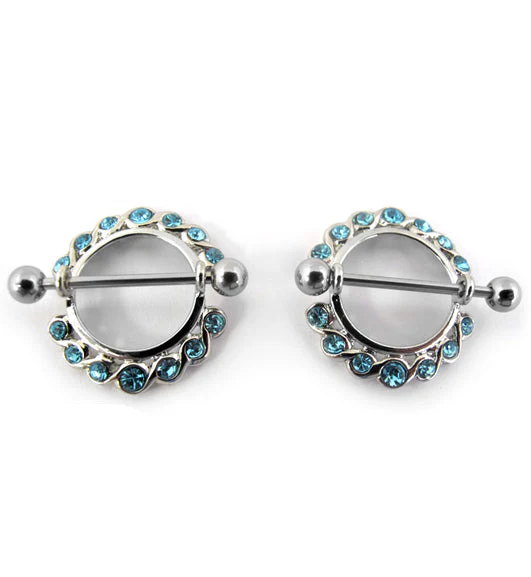 Aqua Nipple Ring CZ Diamond Gem Barbell Shield - Image 2