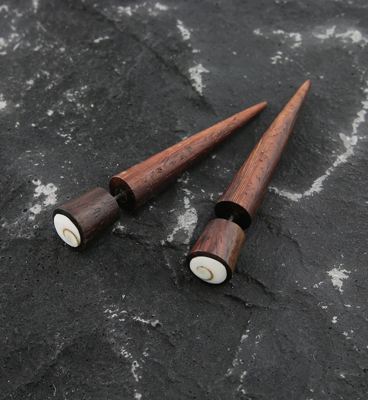 Areng Wood Fake Gauge Sea Shell Tapers Tribal Earrings - Image 2