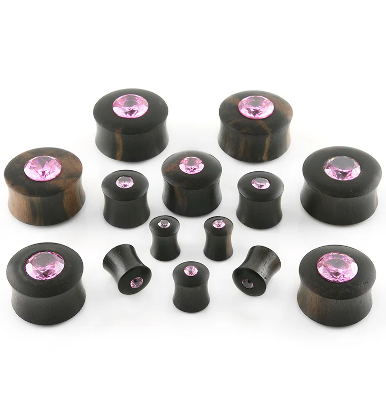 Areng Wood Plugs With Pink CZ Gem Inlay - Image 2