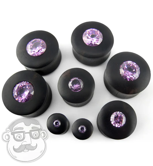 Areng Wood Plugs With Pink CZ Gem Inlay - Image 5