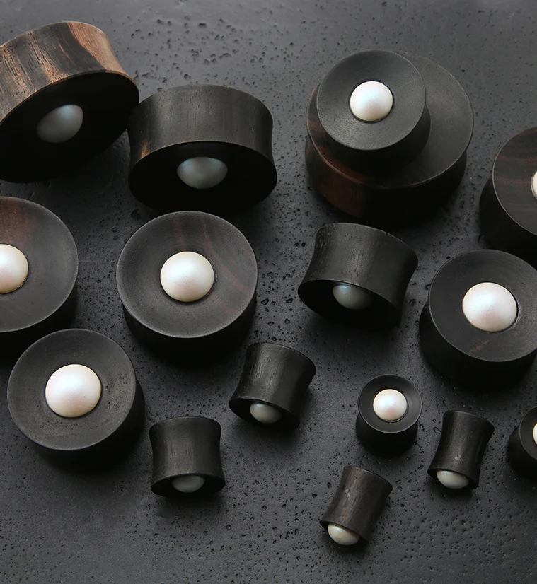 Areng Wood Plugs with Swarovski Pearl Inlay - Image 3
