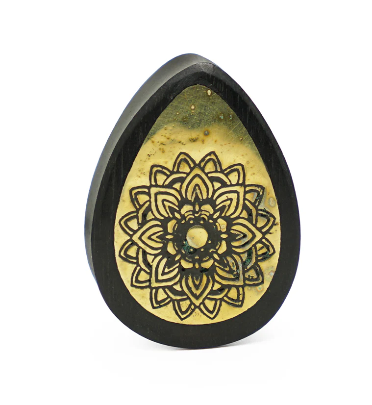 Areng Wooden Teardrop Plugs with Mandala Brass Inlay - Image 4