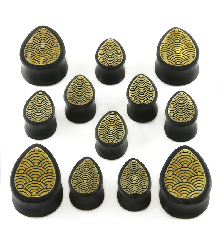 Areng Wooden Teardrop Plugs with Seigaiha Brass Inlay - Image 2