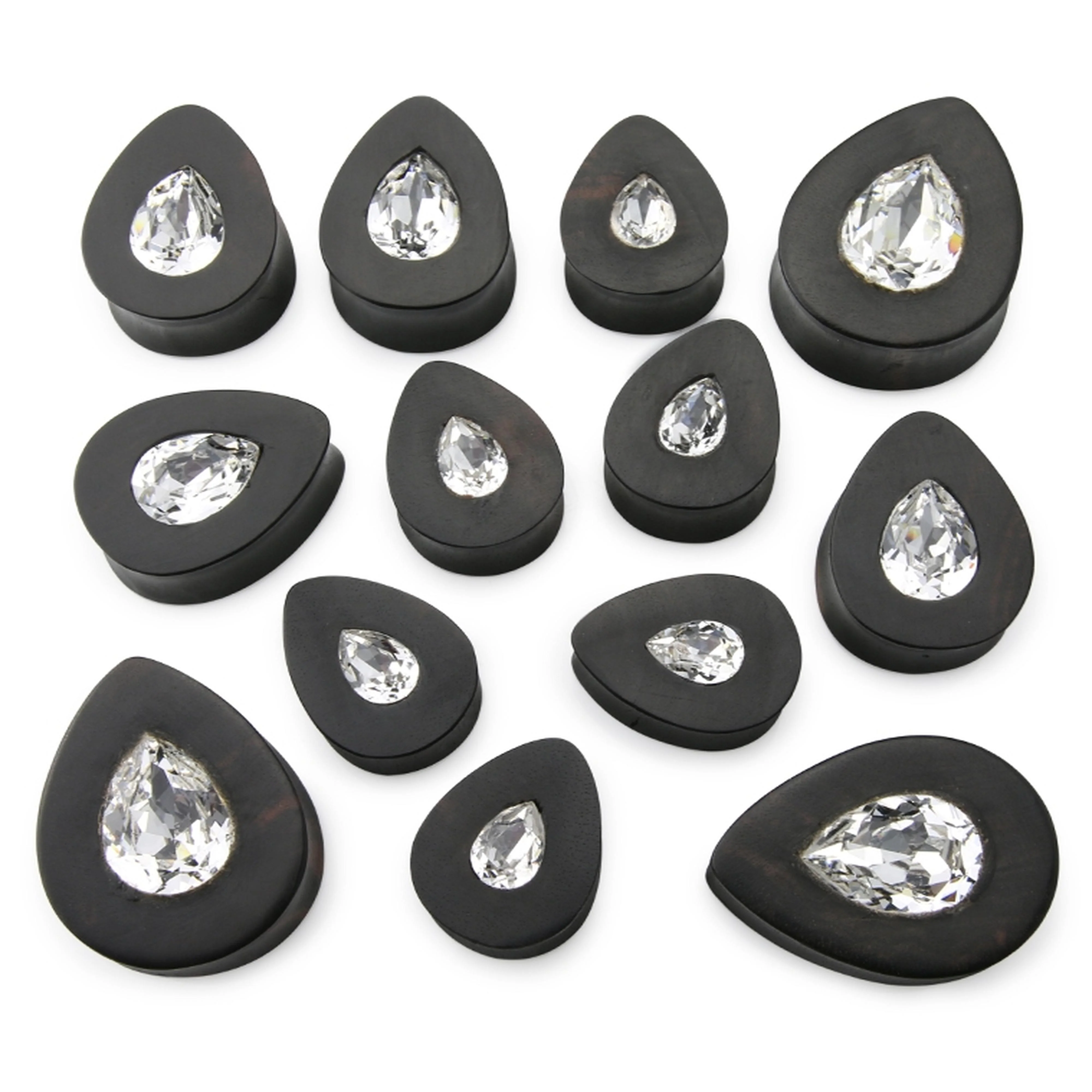 Areng Wooden Teardrop Plugs with Teardrop Swarovski CZ Inlay - Image 3