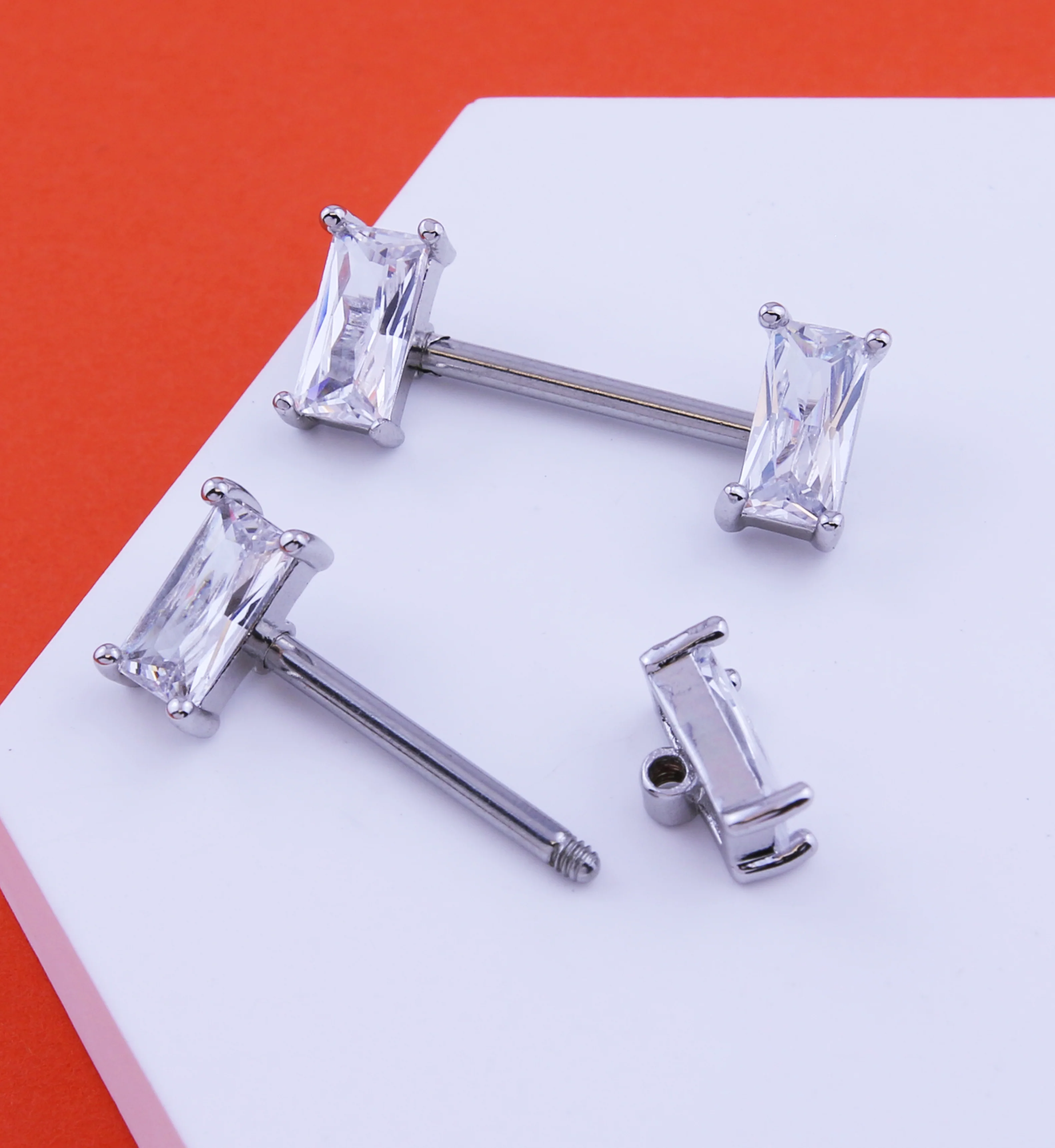 Baguette Clear CZ Stainless Steel Nipple Barbell - Image 2