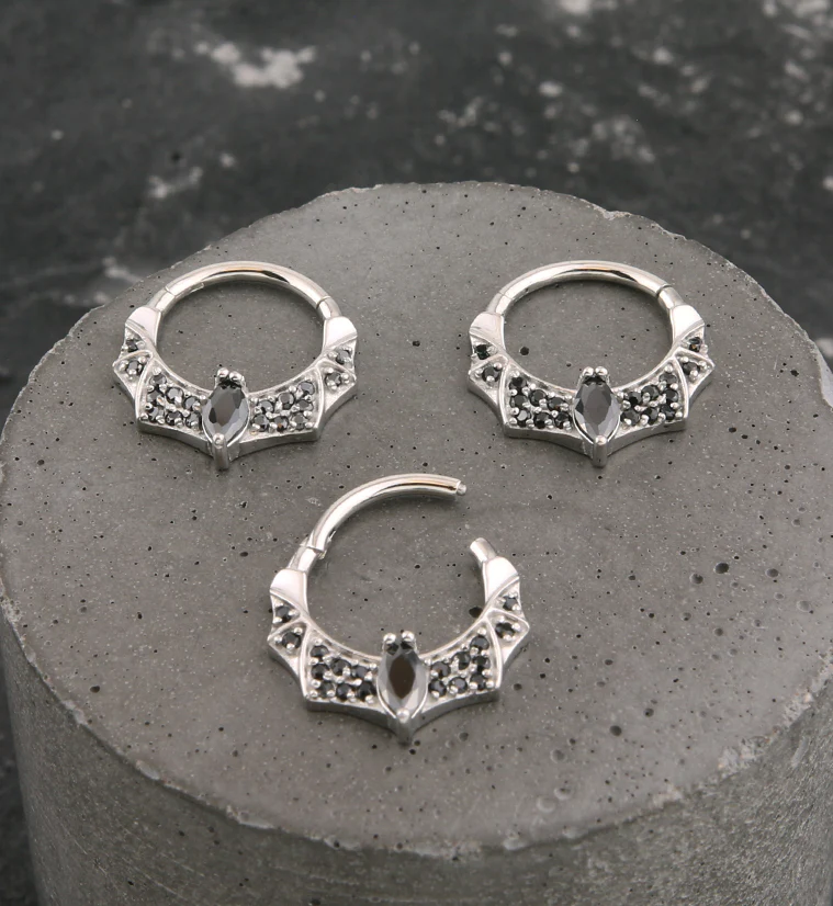 Bat Rim Black CZ Stainless Steel Hinged Segment Ring - Image 2
