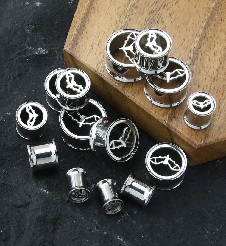 Bat Sign Stainless Steel Double Flare Tunnel Plugs - Image 2