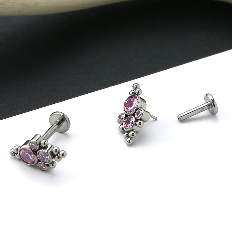 16G Beaded Array Pink CZ Titanium Threadless Labret - Image 2