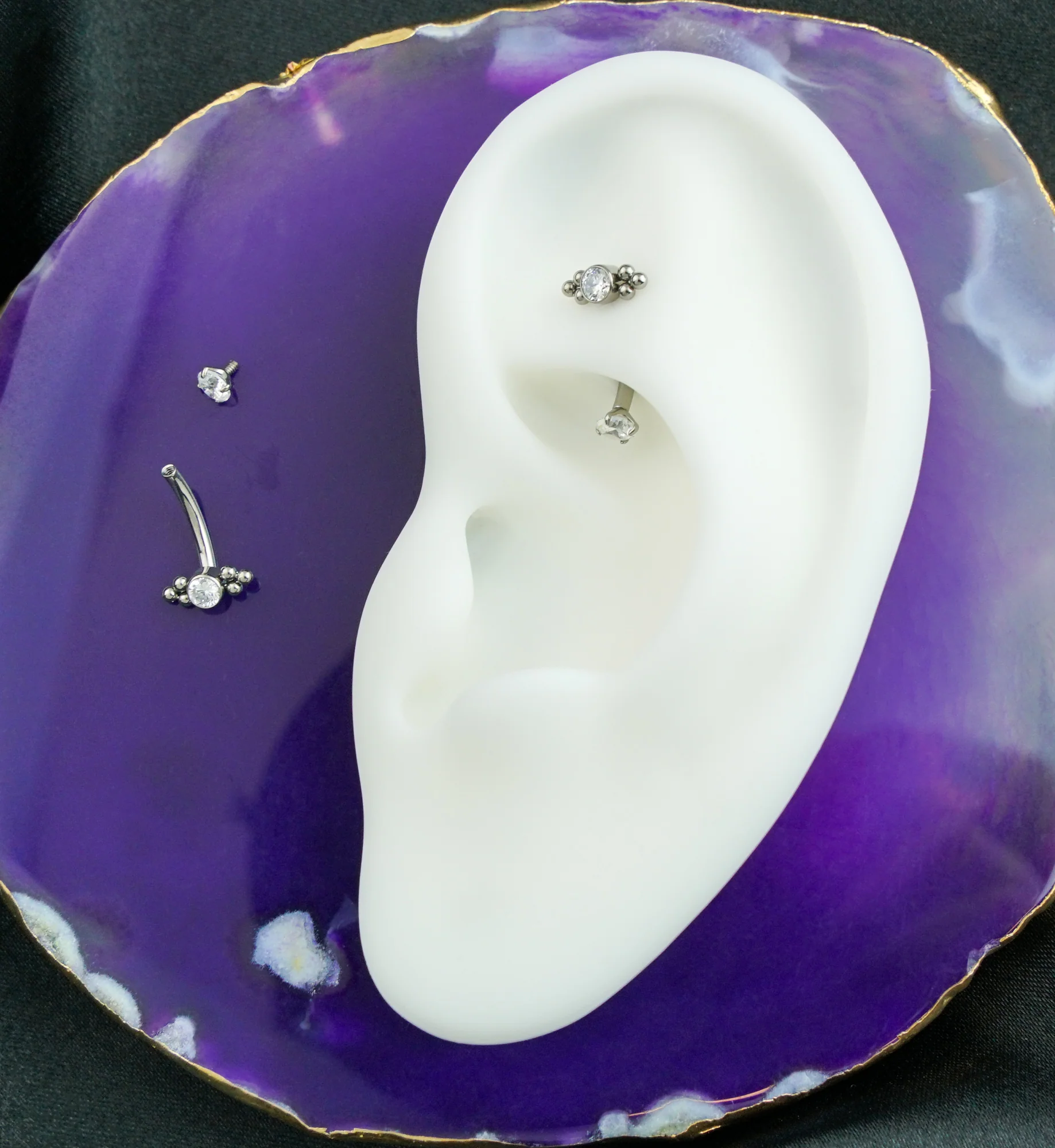 Beaded Bezel CZ Top With Prong CZ Bottom Internally Threaded Titanium Curved Barbell - Image 3