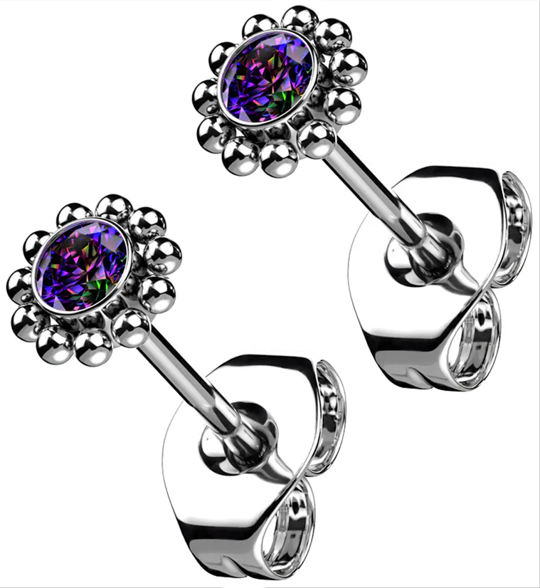 Beaded Black Aurora CZ Titanium Threadless Earrings