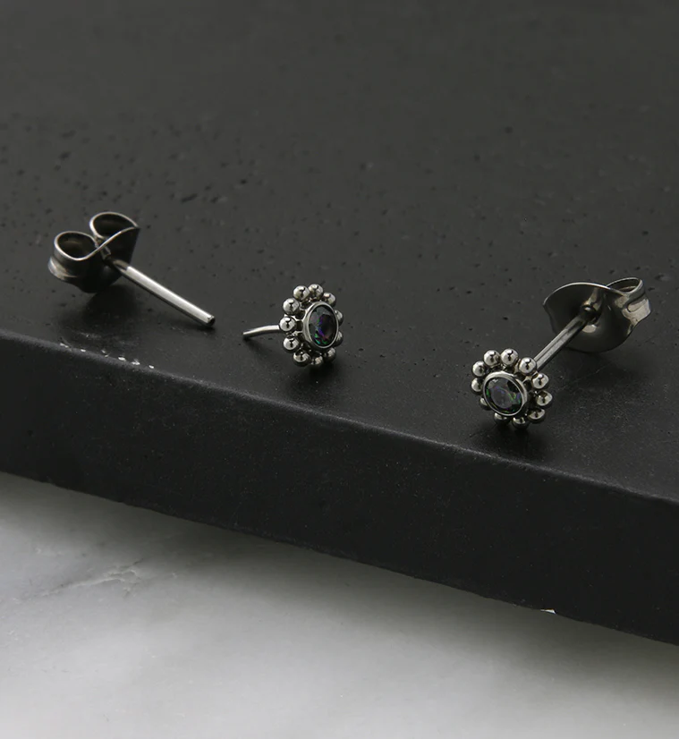 Beaded Black Aurora CZ Titanium Threadless Earrings - Image 2