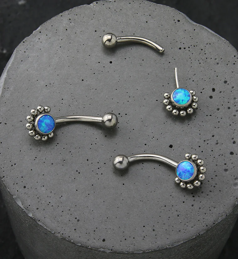 Beaded Blue Opalite Titanium Threadless Curved Barbell - Image 2