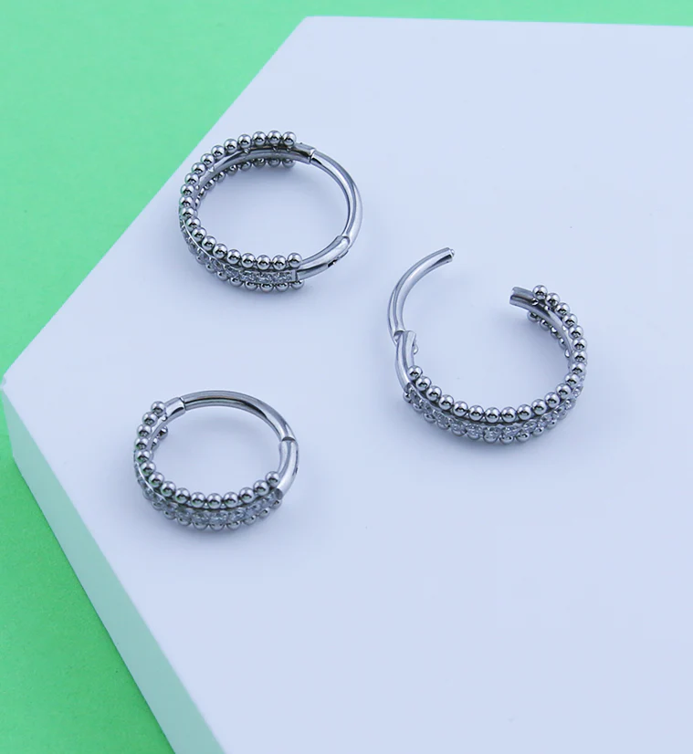 Beaded Center Row Clear CZ Stainless Steel Hinged Segment Ring - Image 2