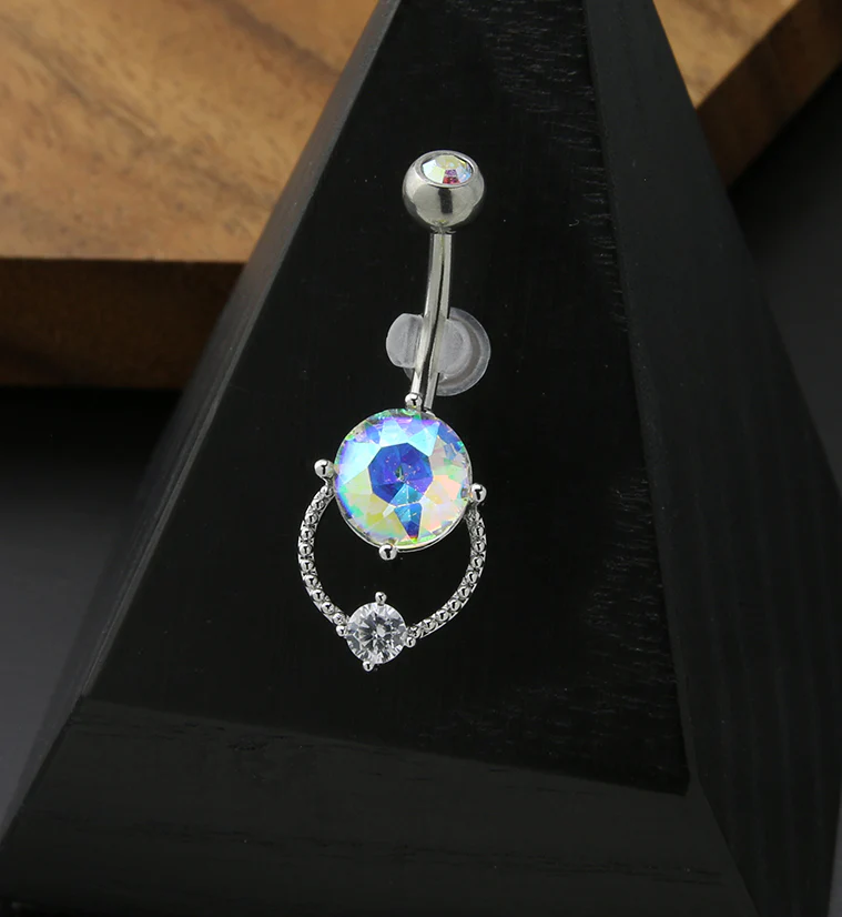 Beaded Circlet Rainbow Aurora CZ Stainless Steel Belly Button Ring - Image 2