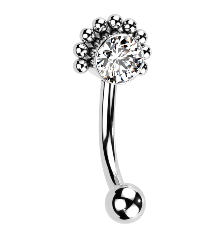 Beaded Clear CZ Titanium Threadless Curved Barbell