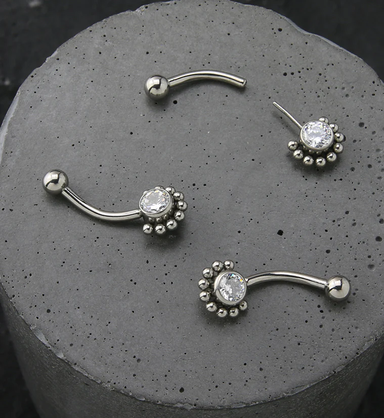 Beaded Clear CZ Titanium Threadless Curved Barbell - Image 2