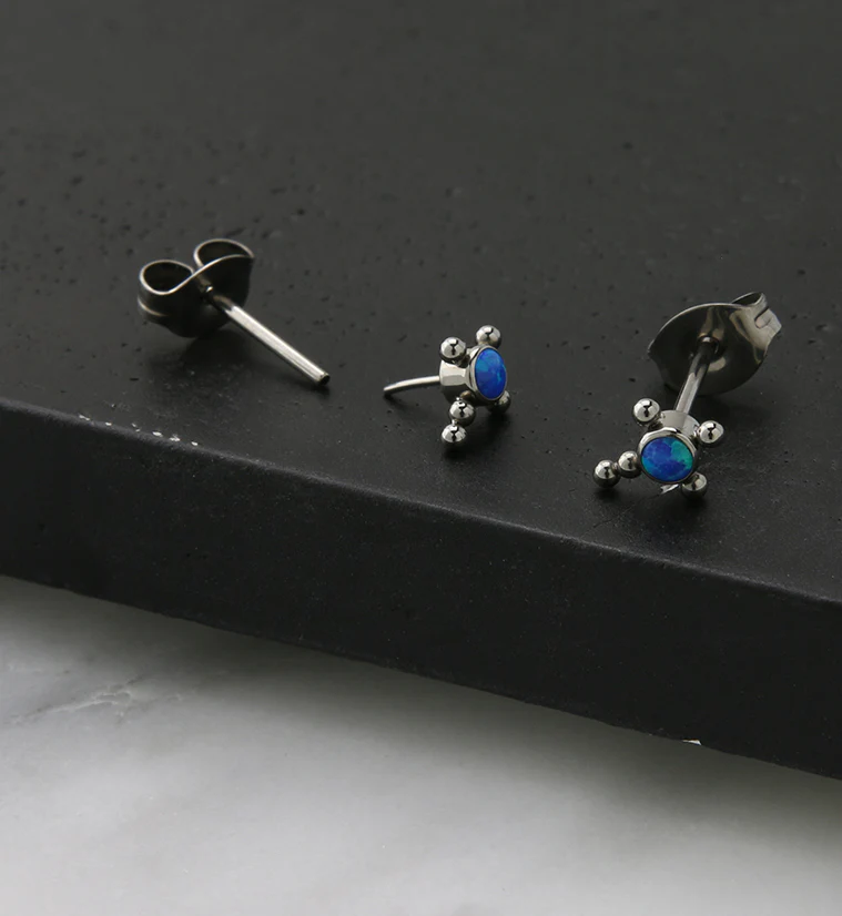 Beaded Cross Blue Opalite Titanium Threadless Earrings - Image 2