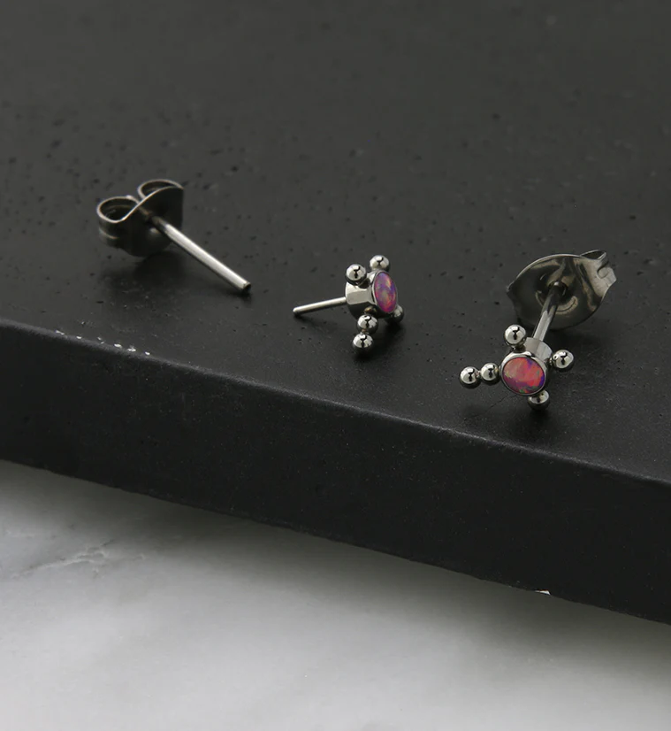 Beaded Cross Pink Opalite Titanium Threadless Earrings - Image 2