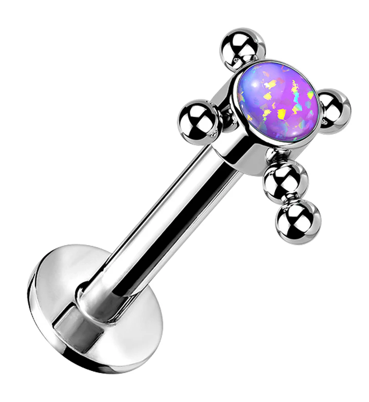 Beaded Cross Purple Opalite Titanium Threadless Labret