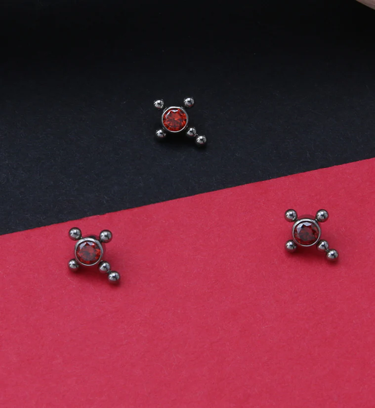 Beaded Cross Red CZ Titanium Internally Threaded Top - Image 2