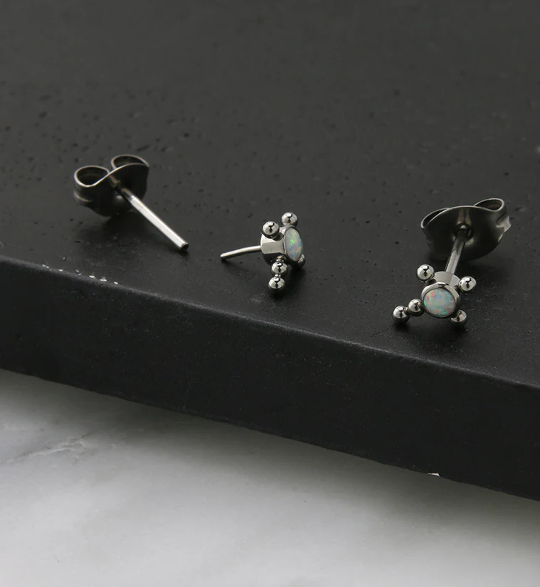 Beaded Cross White Opalite Titanium Threadless Earrings - Image 2