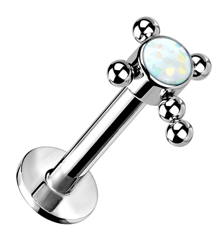 Beaded Cross White Opalite Titanium Threadless Labret
