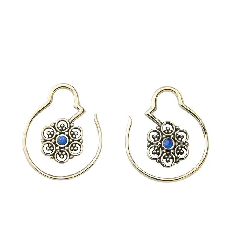 Beaded Floret Blue Opalite White Brass Ear Weights - Image 2