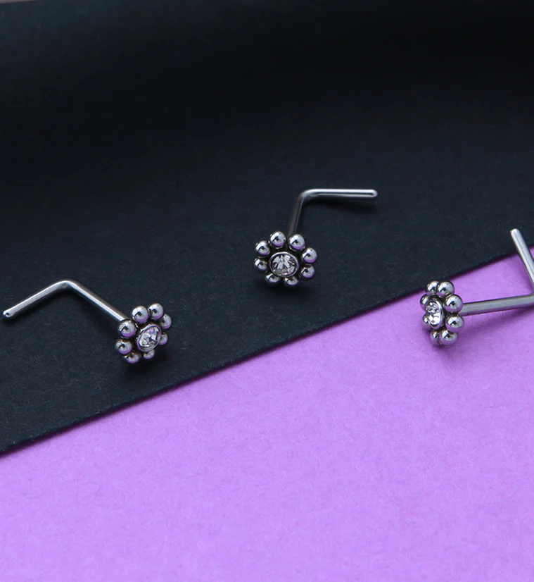 Beaded Flower Clear CZ L Bend Nose Stud - Image 2