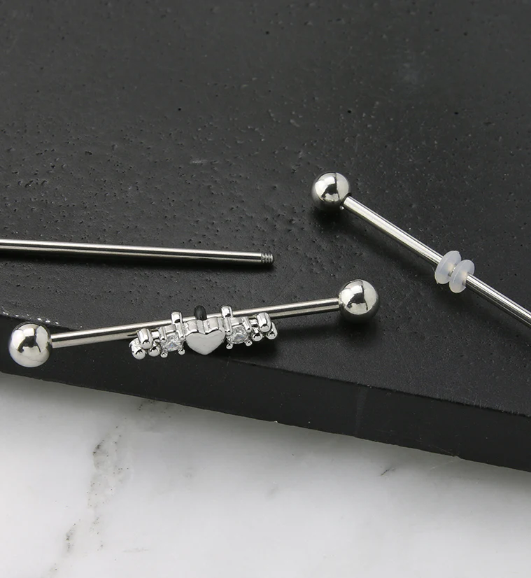 Beaded Heart CZ Industrial Barbell - Image 2