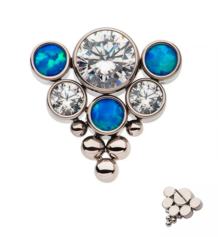Beaded Hexad Blue Opalite and Clear CZ Threadless Titanium Top