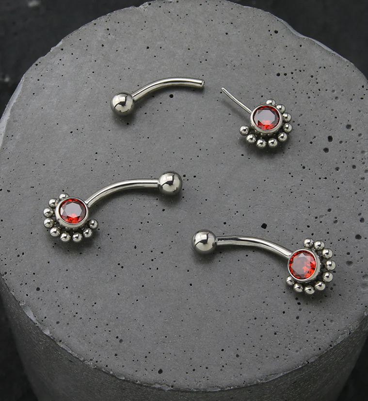 Beaded Red CZ Titanium Threadless Curved Barbell - Image 2