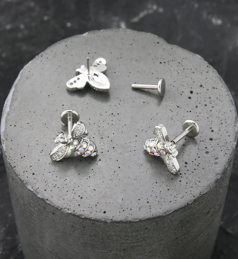 Bee Rainbow Aurora CZ Stainless Steel Threadless Labret - Image 2