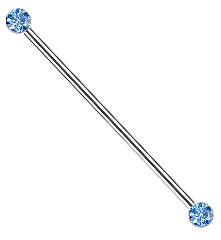 Bezel Aqua CZ Threadless Titanium Industrial Barbell