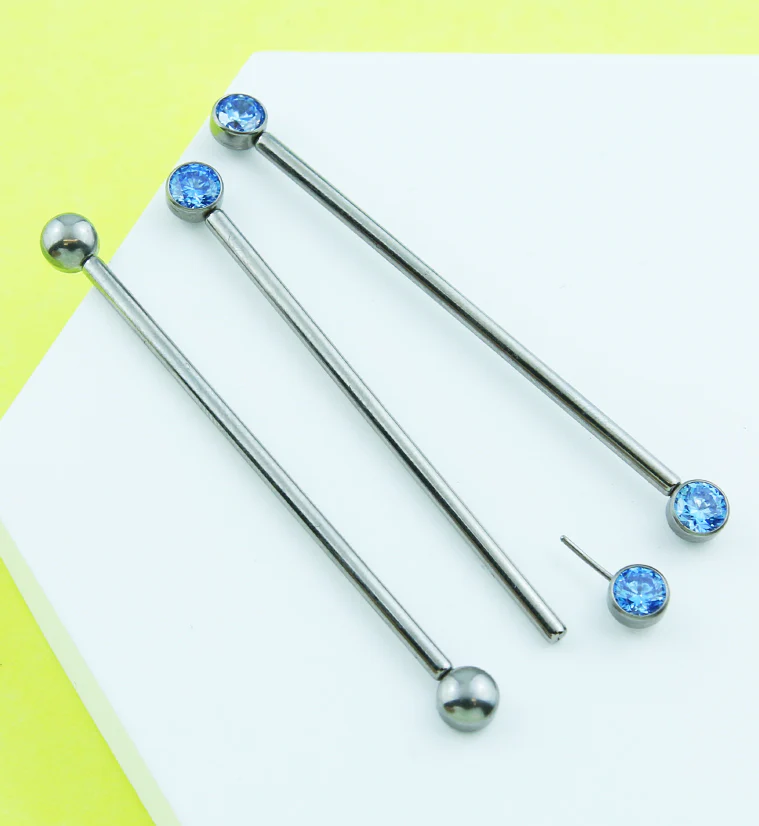 Bezel Aqua CZ Threadless Titanium Industrial Barbell - Image 2
