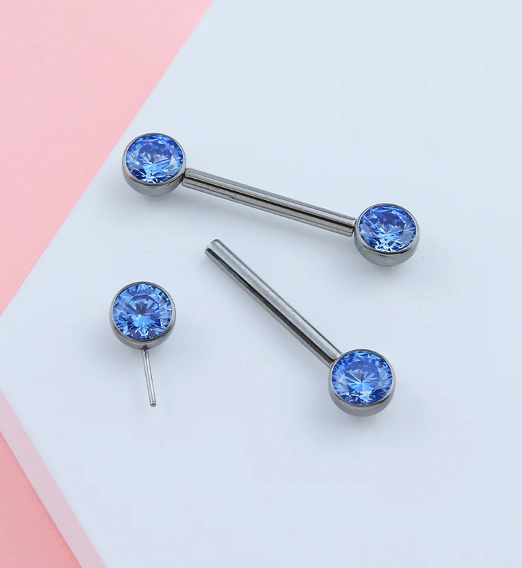 Bezel Aqua CZ Threadless Titanium Nipple Barbells - Image 2