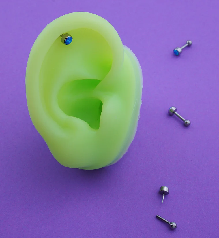 Bezel Blue Opalite Titanium Threadless Cartilage Barbell - Image 2