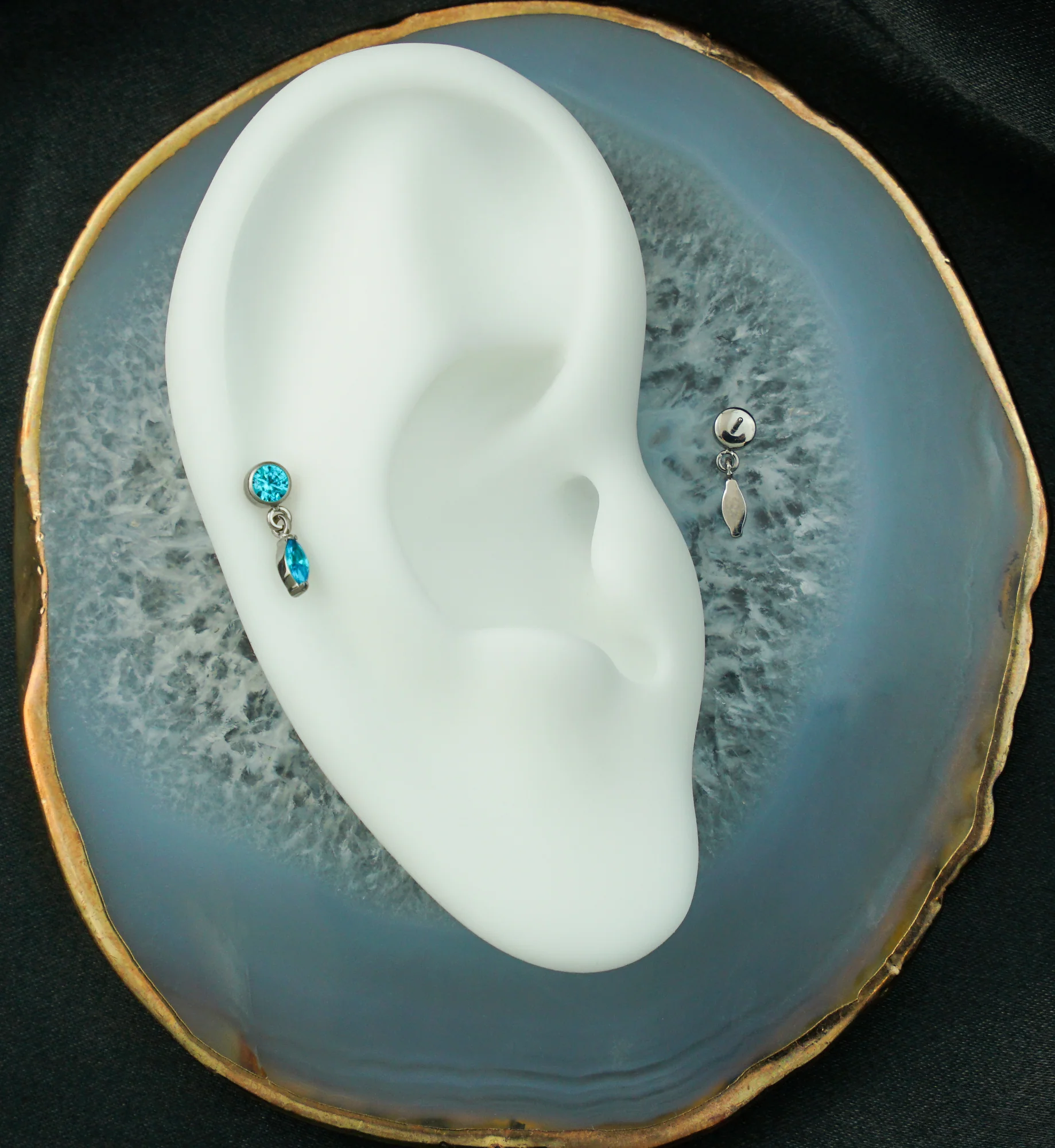 Bezel Blue Topaz CZ Marquise Dangle Titanium Threadless Top - Image 2