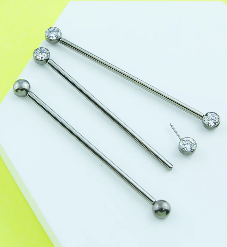 Bezel Clear CZ Threadless Titanium Industrial Barbell - Image 2