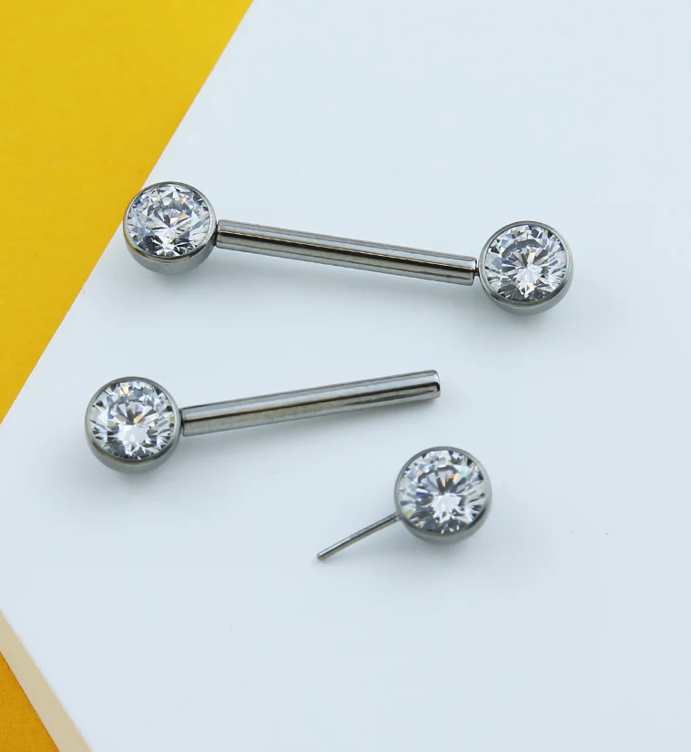 Bezel Clear CZ Threadless Titanium Nipple Barbells - Image 2