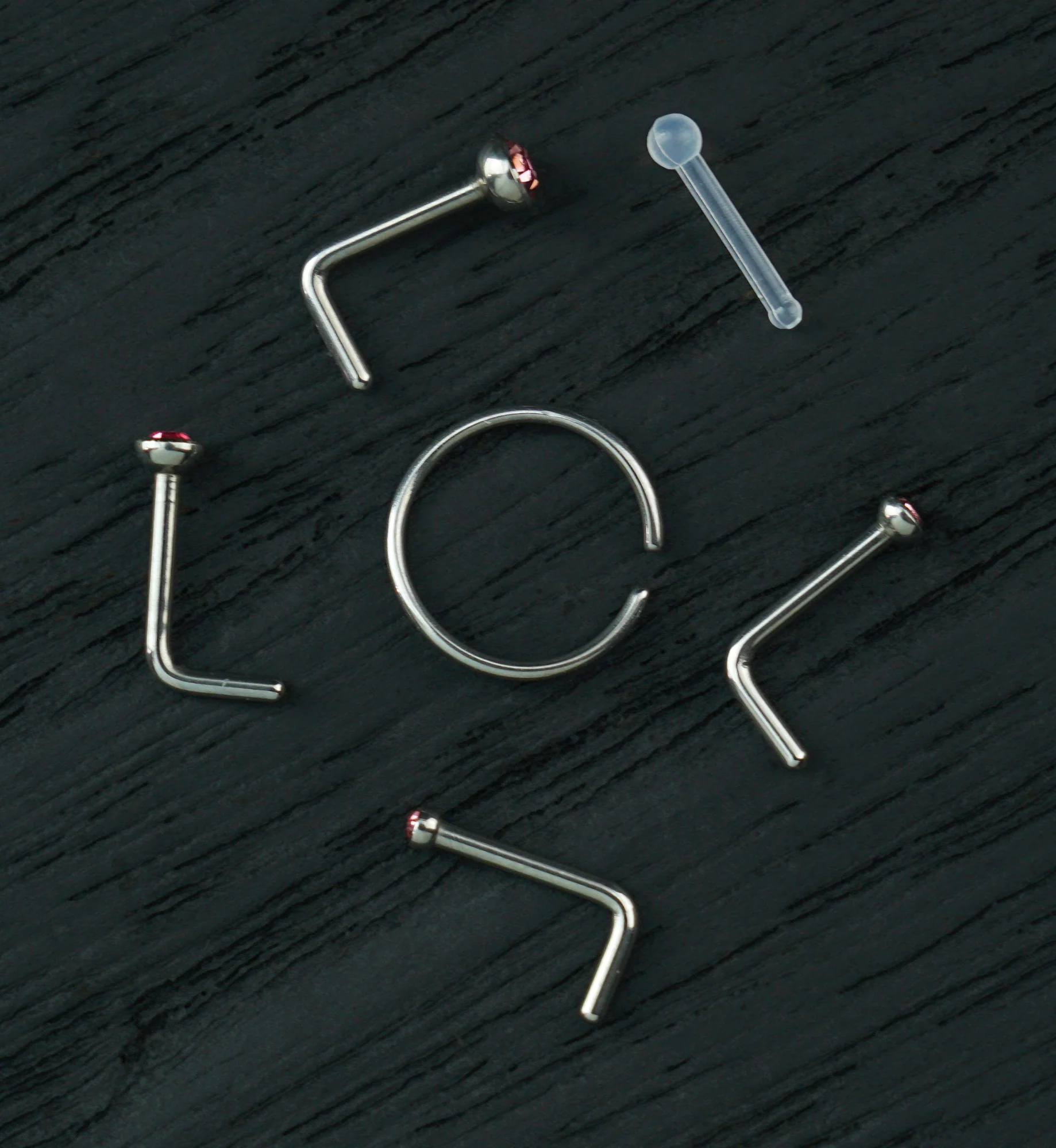 Bezel Pink CZ Stainless Steel L Bend/Stud/Hoop Nose Ring Pack (6 Pc)
