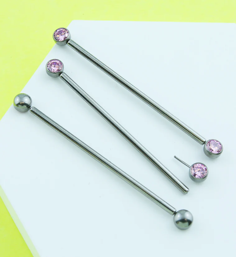 Bezel Pink CZ Threadless Titanium Industrial Barbell - Image 2