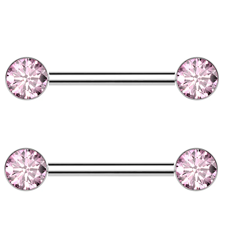 Bezel Pink CZ Threadless Titanium Nipple Barbells
