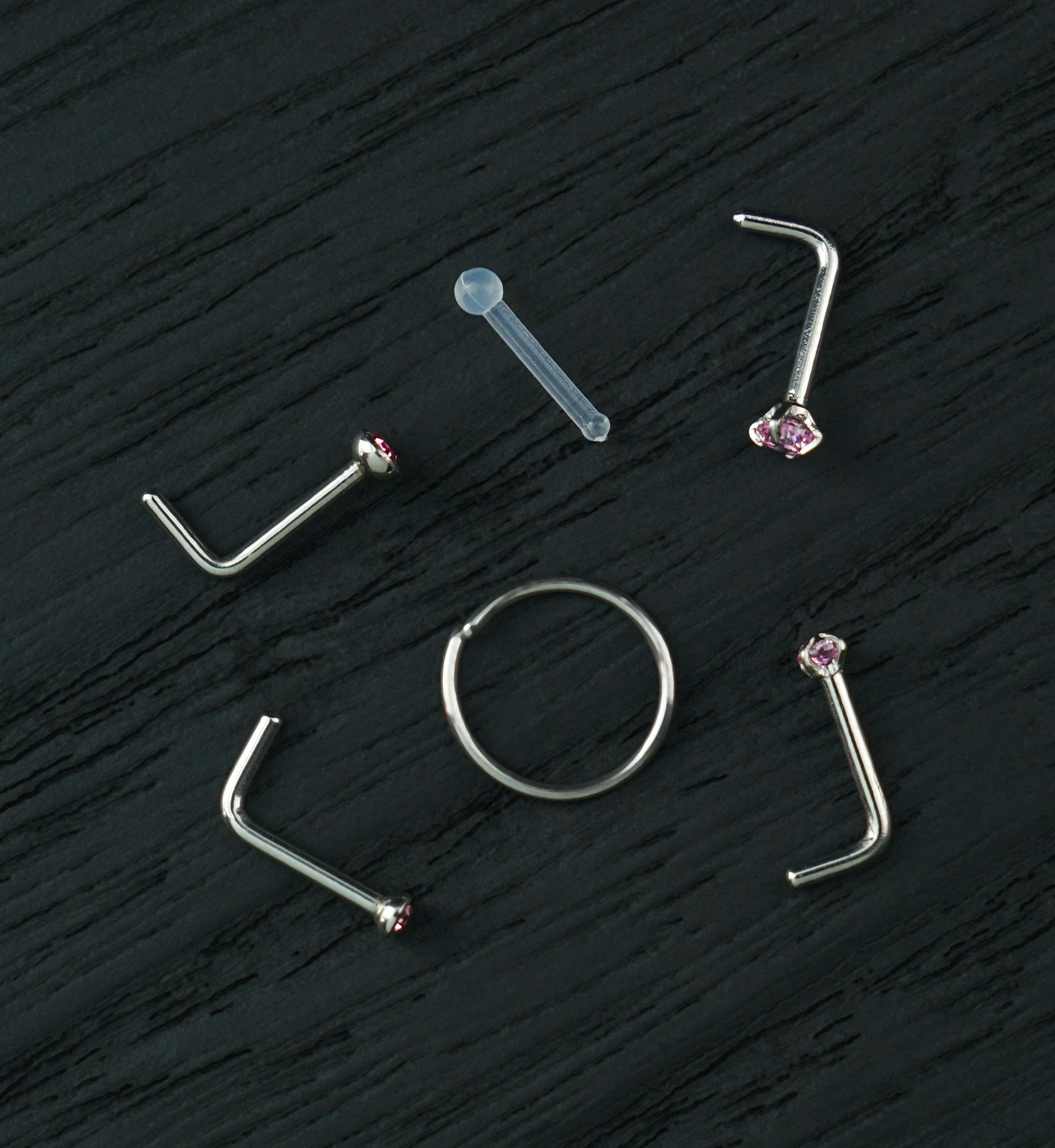 Bezel/Prong Pink CZ Stainless Steel L Bend/Stud/Hoop Nose Ring Pack (6 Pc)