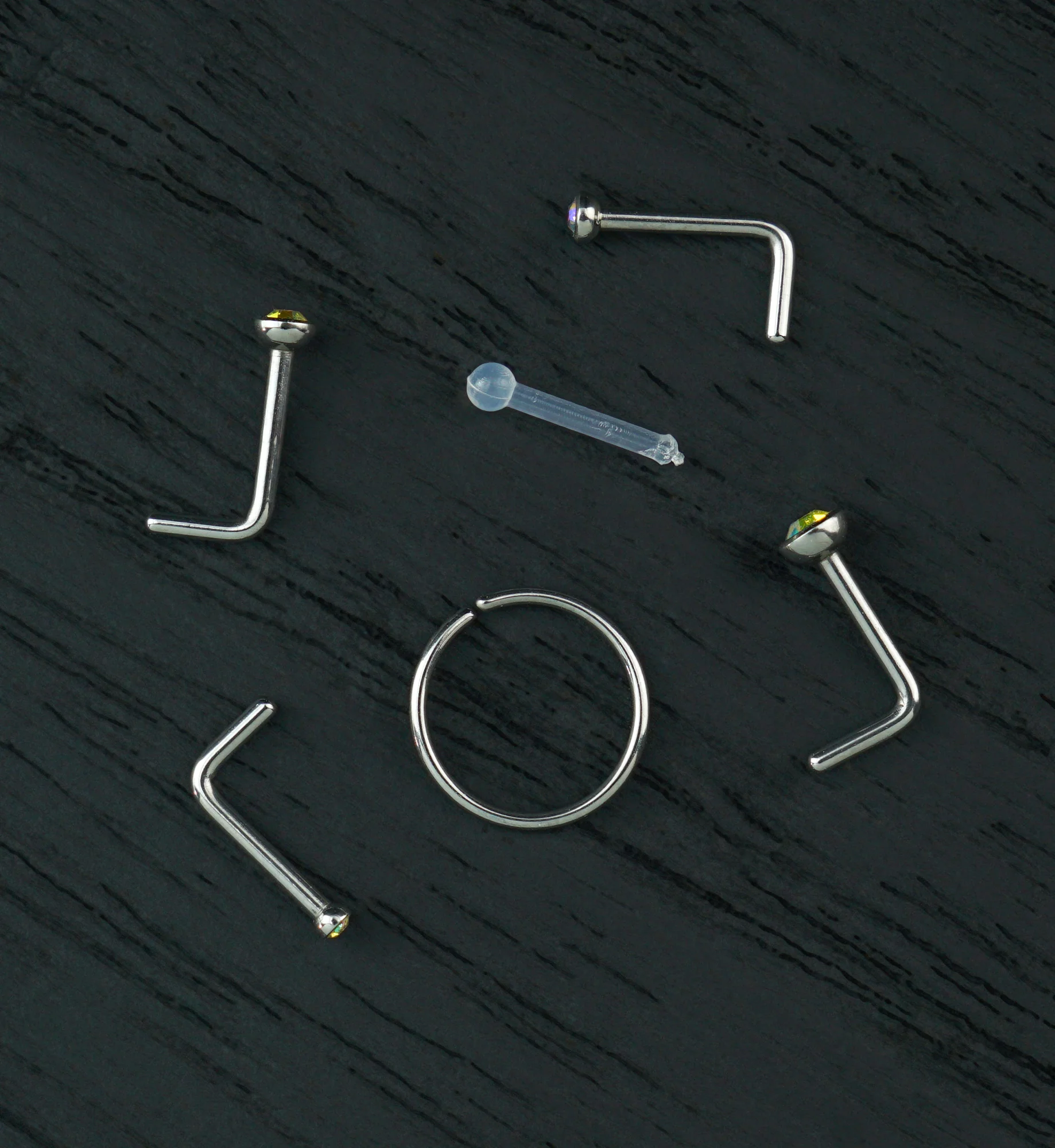 Bezel Rainbow Aurora CZ Stainless Steel L Bend/Stud/Hoop Nose Ring Pack (6 Pc)