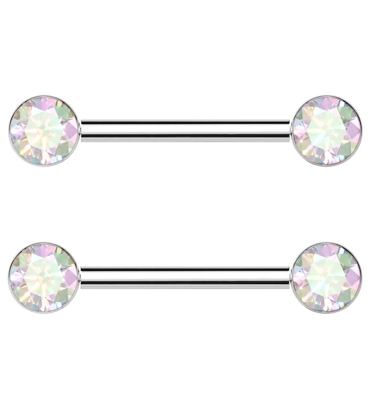 Bezel Rainbow Aurora CZ Threadless Titanium Nipple Barbells