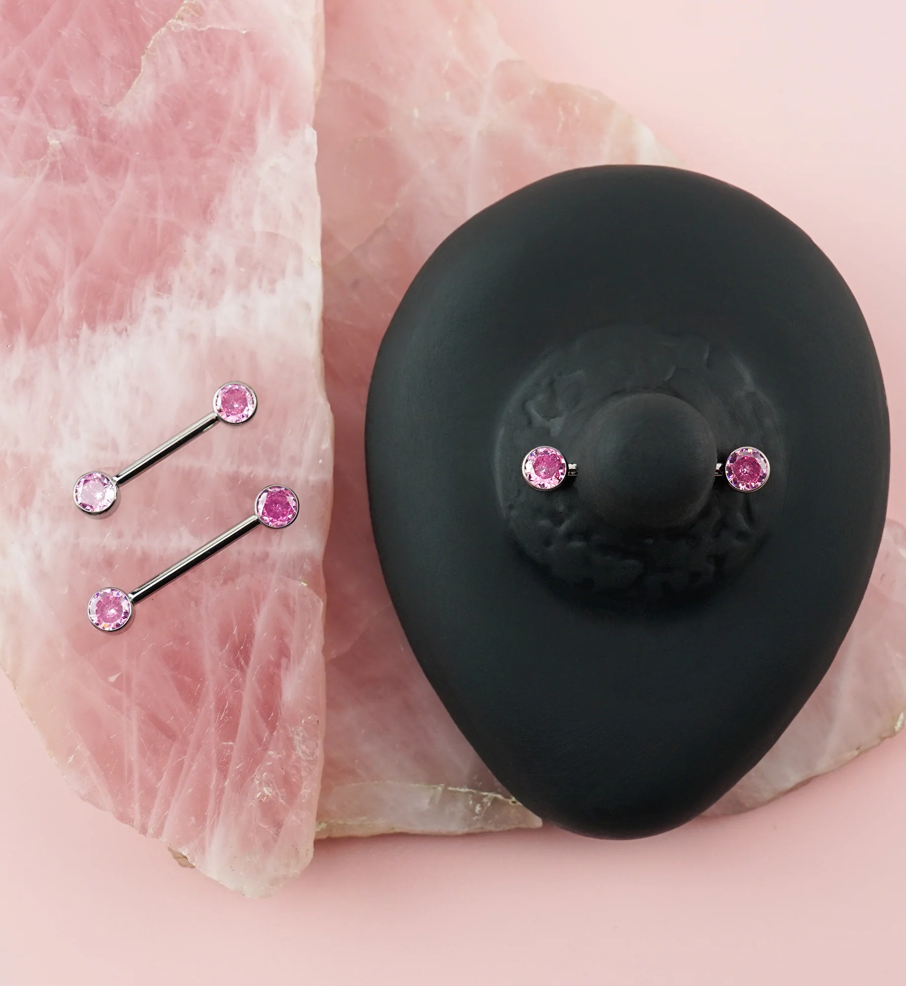 Bezel Set Pink CZ Titanium Internally Threaded Nipple Barbells - Image 2