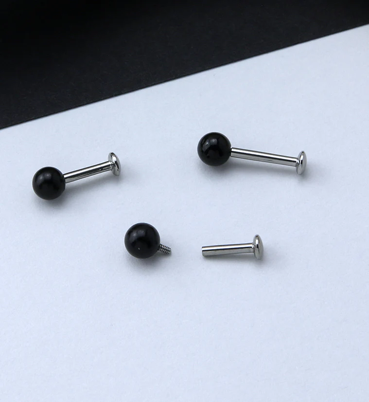 Black Agate Stone Ball Top Internally Threaded Labret - Image 2