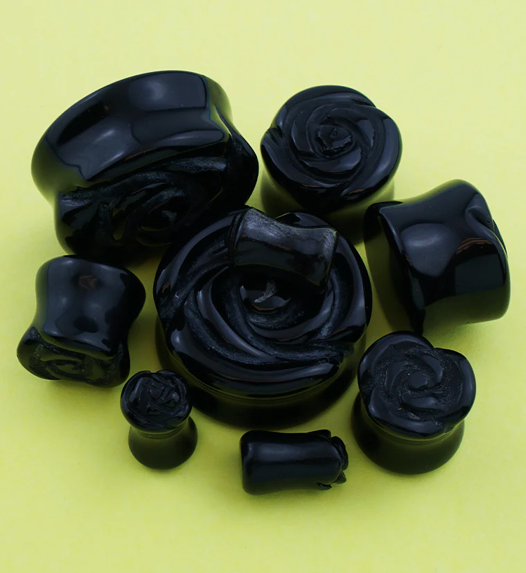 Black Agate Stone Rosebud Plugs - Image 2